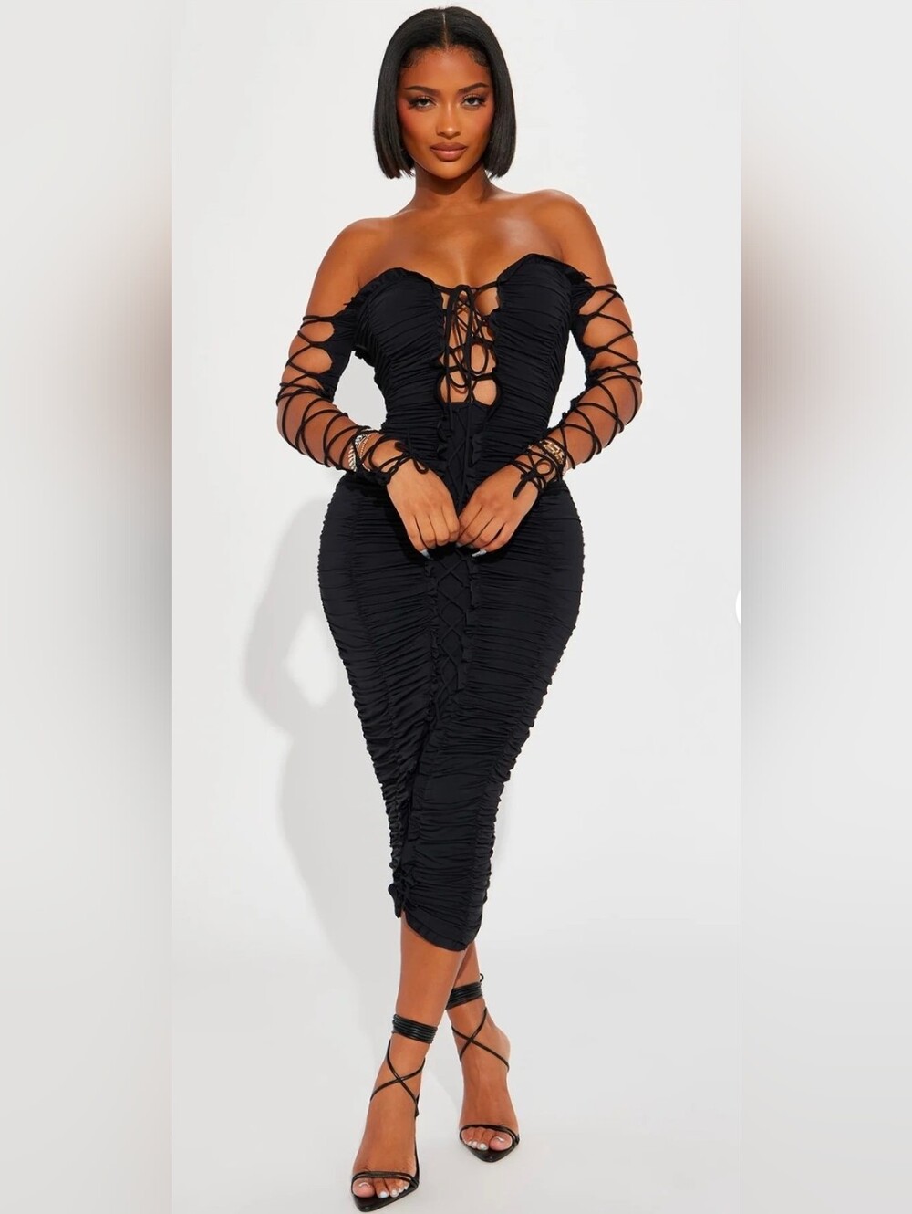 Fashion Nova Off-Shoulder Black Ruched Lace-Up Midi Dress